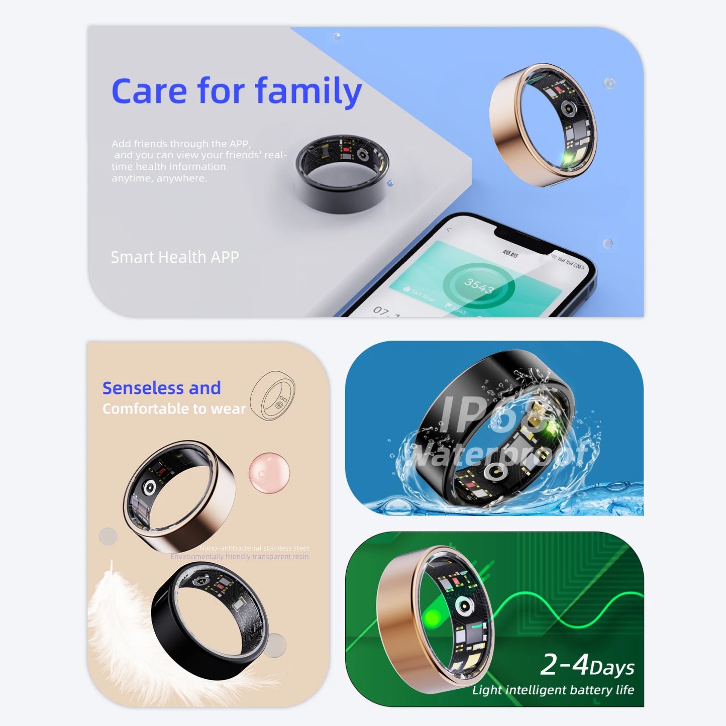 Smart Ring - Heart Rate, Health & Sleep Monitoring, IP68 Waterproof, Multi-Sport Modes, Titanium Steel Shell